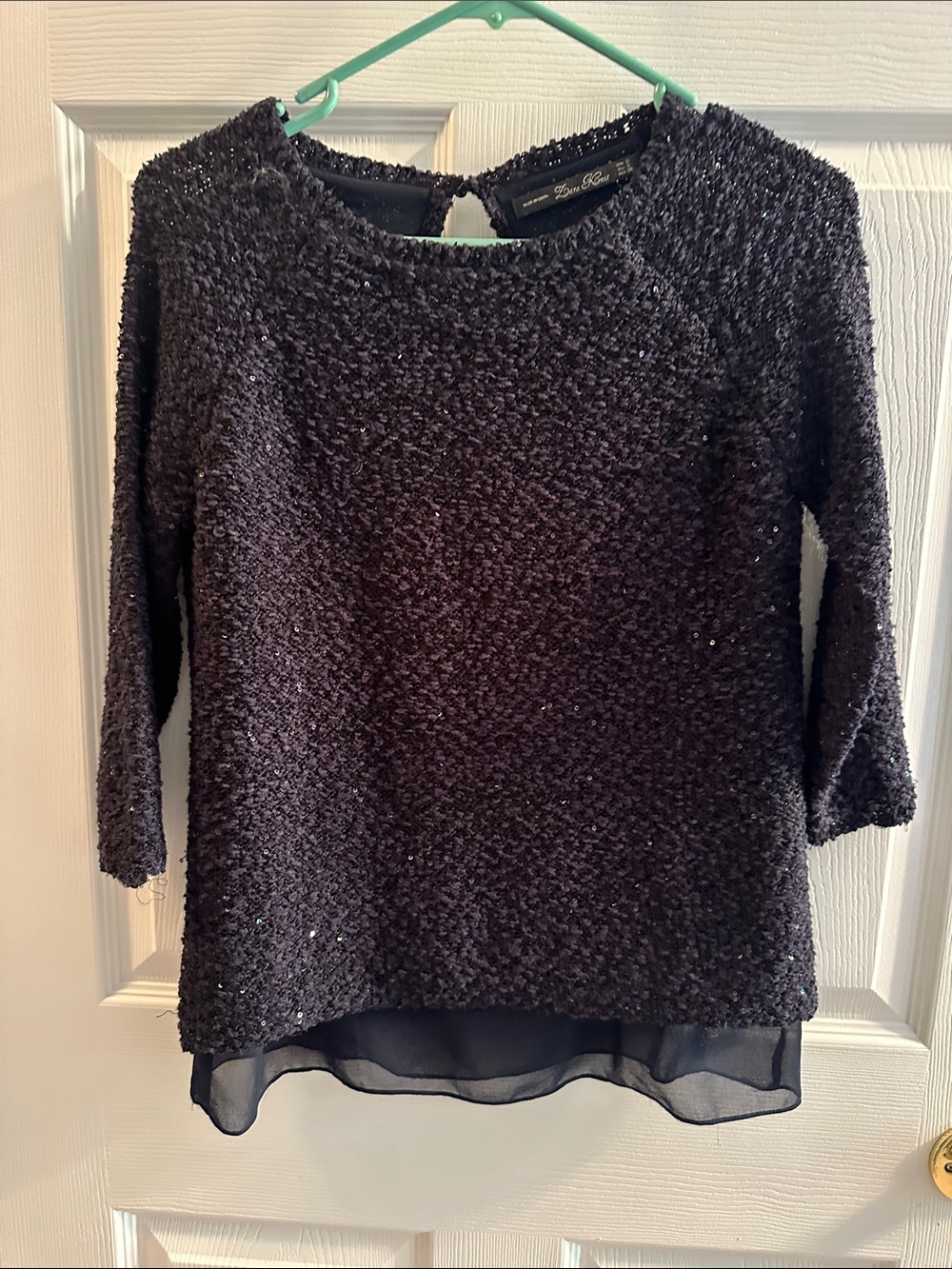 Navy blue Textured w/ a bit of sparkle sequence Knit Top with Chiffon Hem